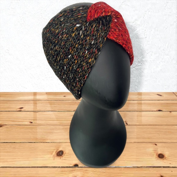 Handmade Cotton Alpaca Tweed Knit Twist Ear Warmers  Charcoal & Strawberry Red - Picture 3 of 10